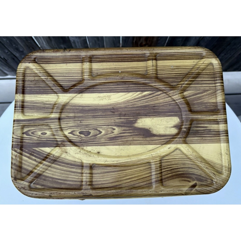 Vintage tin litho wood grain picnic basket hinged lid box wood handles retro - Picture 8 of 8